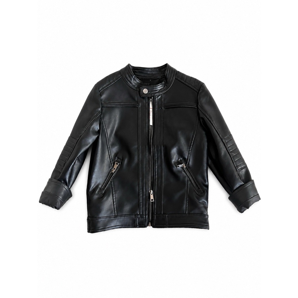 LJYH Boys Black Faux Leather Motorcycle Biker Jacket Full Zip Size 4-5Y